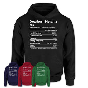 Dearborn Heights Girl Michigan Nutrition Facts Proud Vintage Sport Born Living City Home Roots USA Gift Women T-Shirt