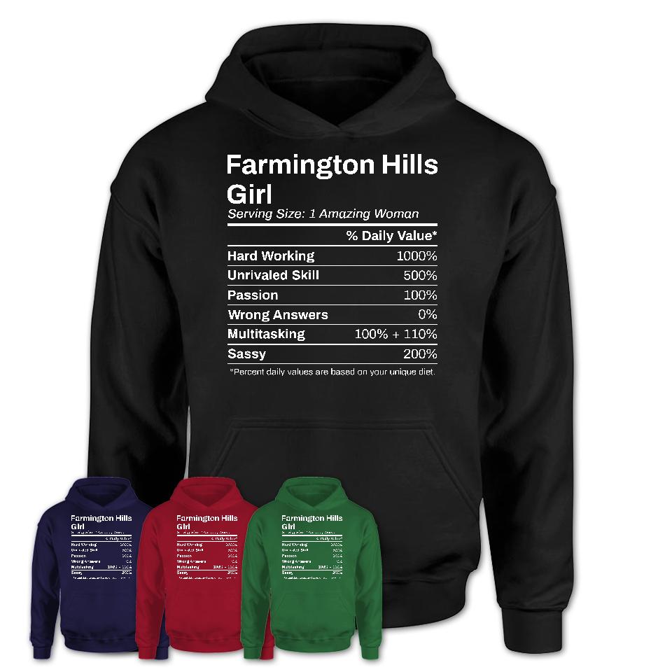 Farmington Hills Girl Michigan Nutrition Facts Proud Vintage Sport Born Living City Home Roots USA Gift Women T-Shirt