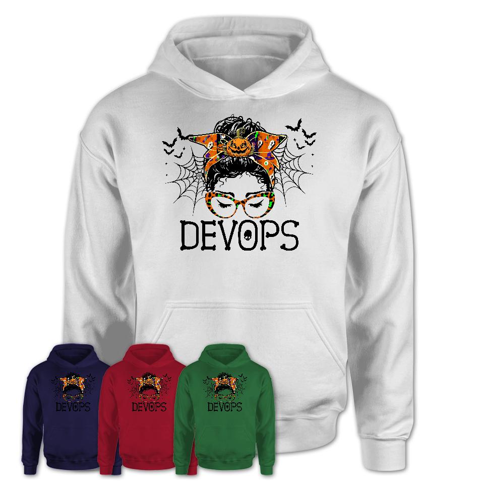 Halloween Devops Shirt, Messy Bun Girl Shirt, Funny Coworker Gift in Halloween, Scary Costume Team Shirt