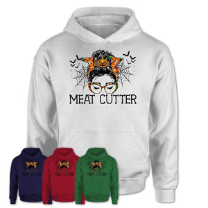 Halloween Meat Cutter Shirt, Messy Bun Girl Shirt, Funny Coworker Gift in Halloween, Scary Costume Team Shirt