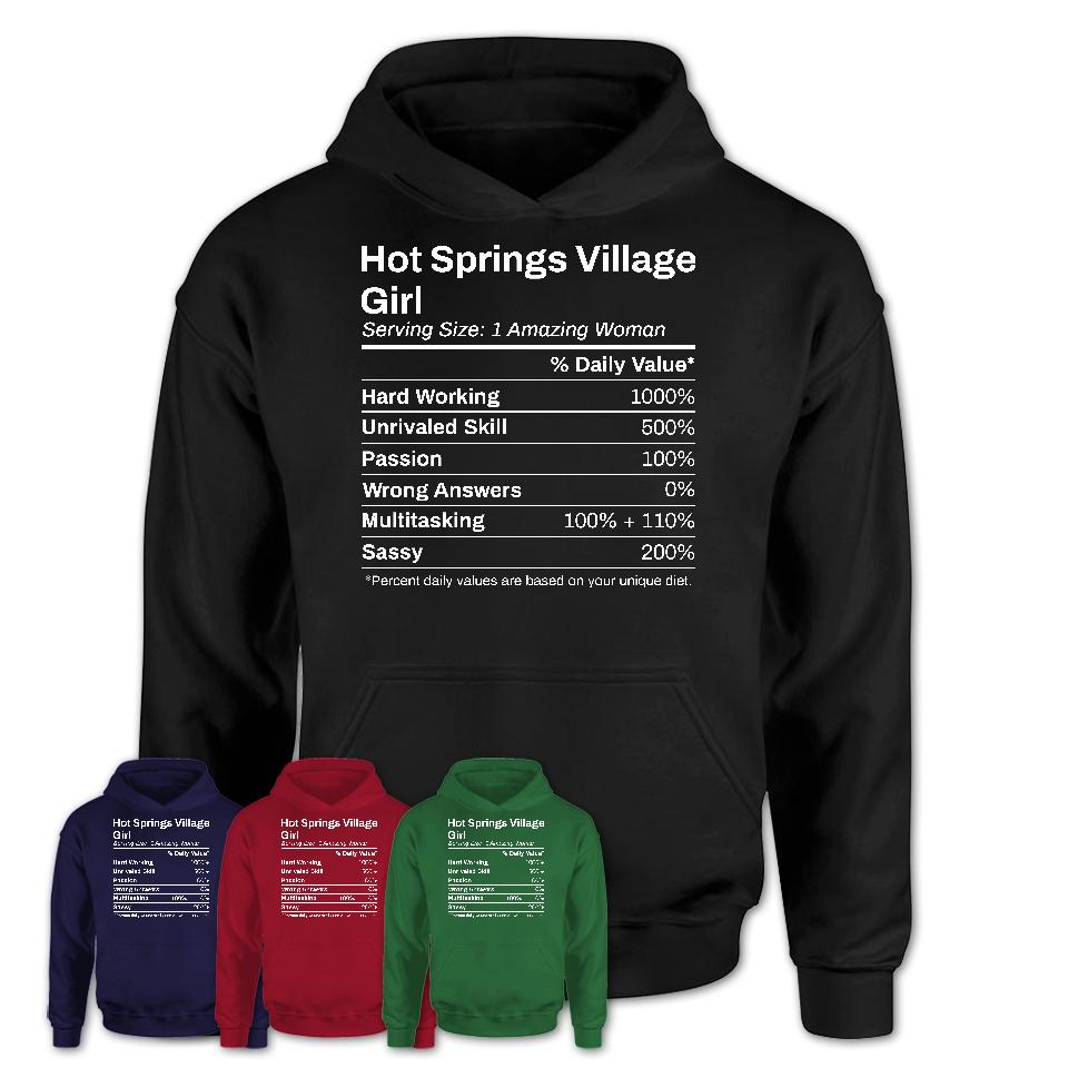 Hot Springs Village Girl Arkansas Nutrition Facts Proud Vintage Sport Born Living City Home Roots USA Gift Women T-Shirt