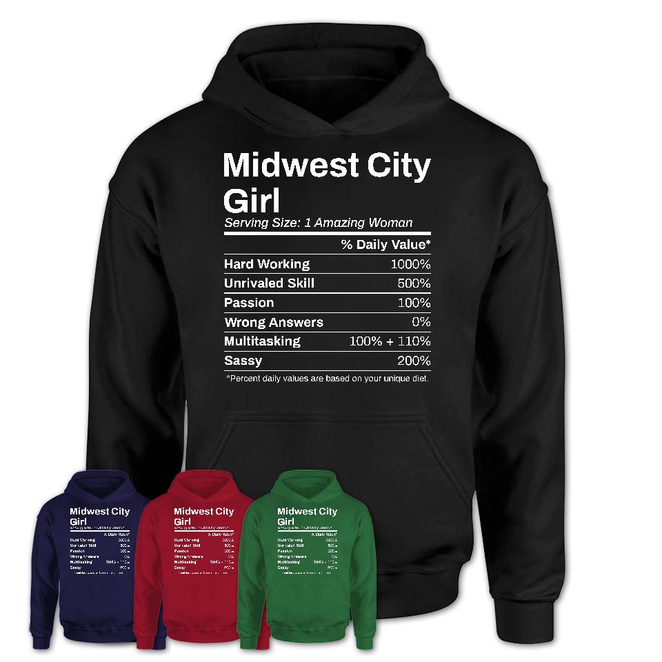 Midwest City Girl Oklahoma Nutrition Facts Proud Vintage Sport Born Living City Home Roots USA Gift Women T-Shirt