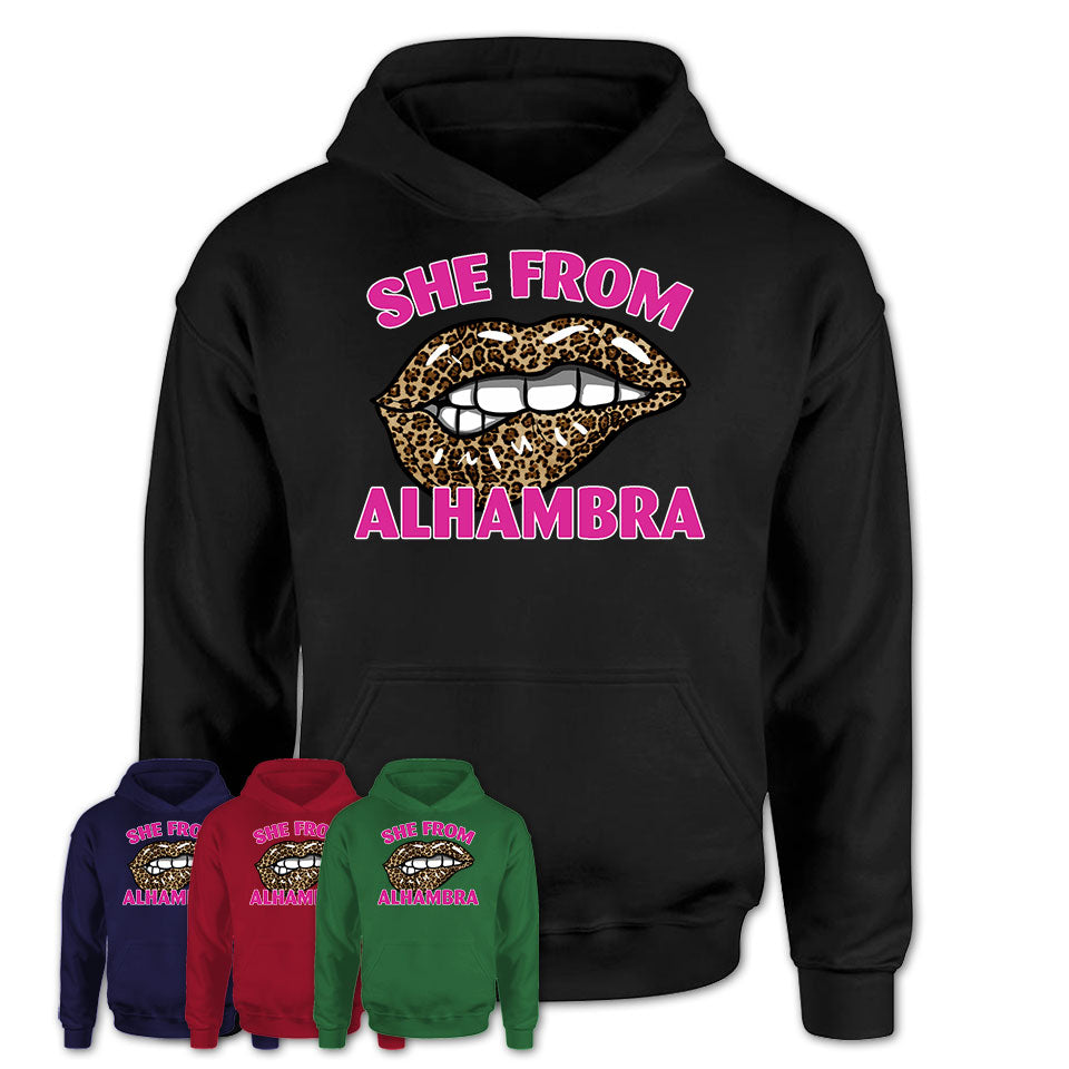 She From Alhambra California Gift Cheetah Leopard Sexy Lips Shirt