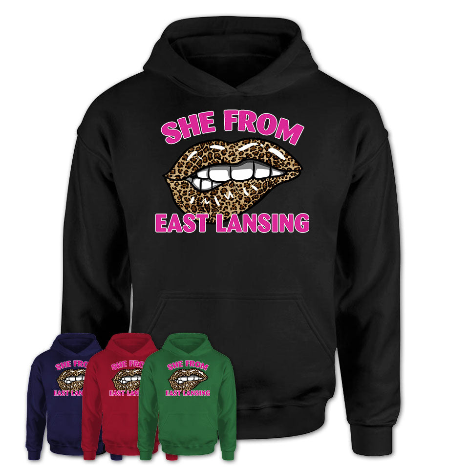 She From East Lansing Michigan Gift Cheetah Leopard Sexy Lips Shirt