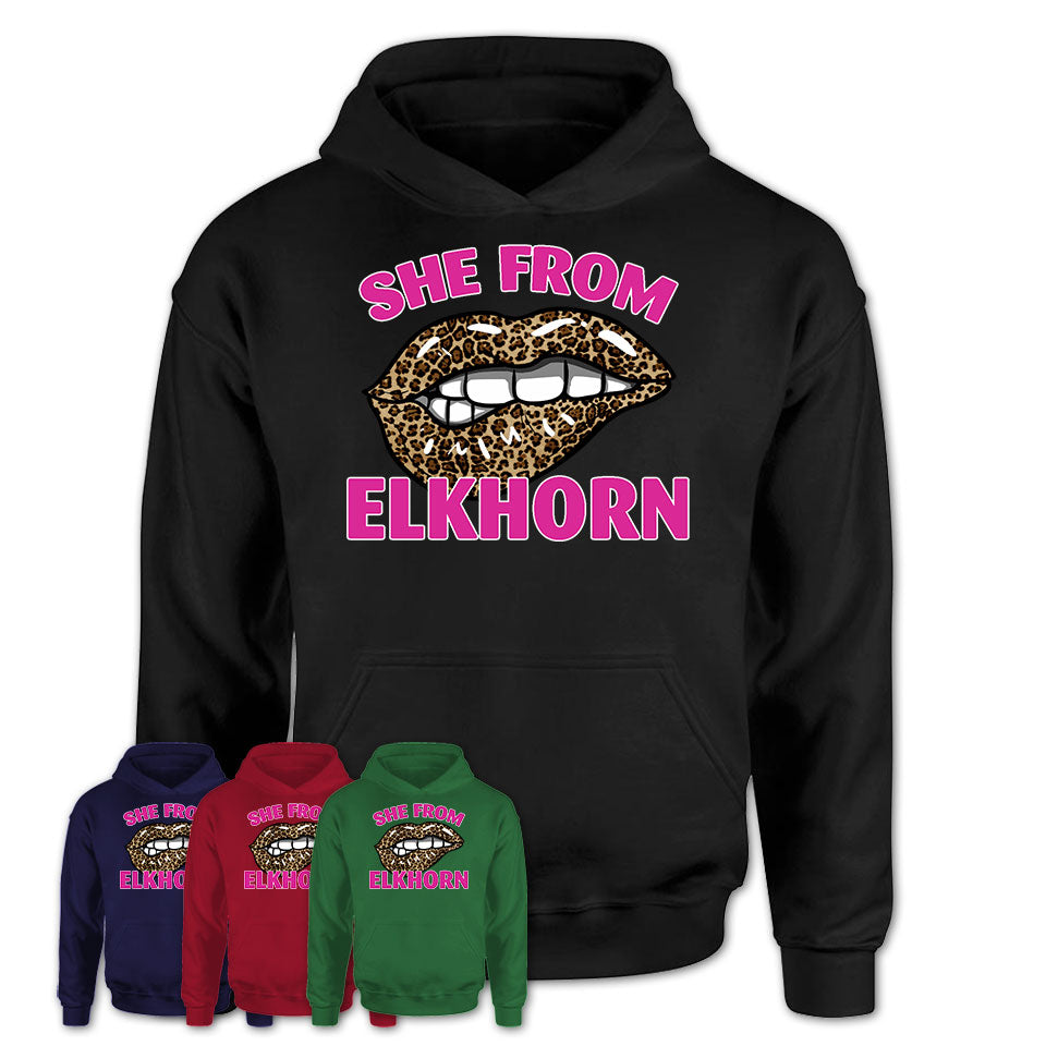 She From Elkhorn Wisconsin Gift Cheetah Leopard Sexy Lips Shirt