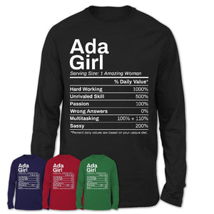 Ada Girl Oklahoma Nutrition Facts Proud Vintage Sport Born Living City Home Roots USA Gift Women T-Shirt
