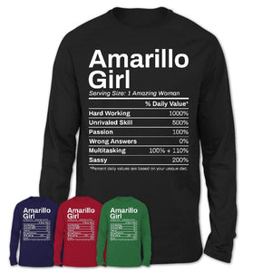 Amarillo Girl Texas Nutrition Facts Proud Vintage Sport Born Living City Home Roots USA Gift Women T-Shirt