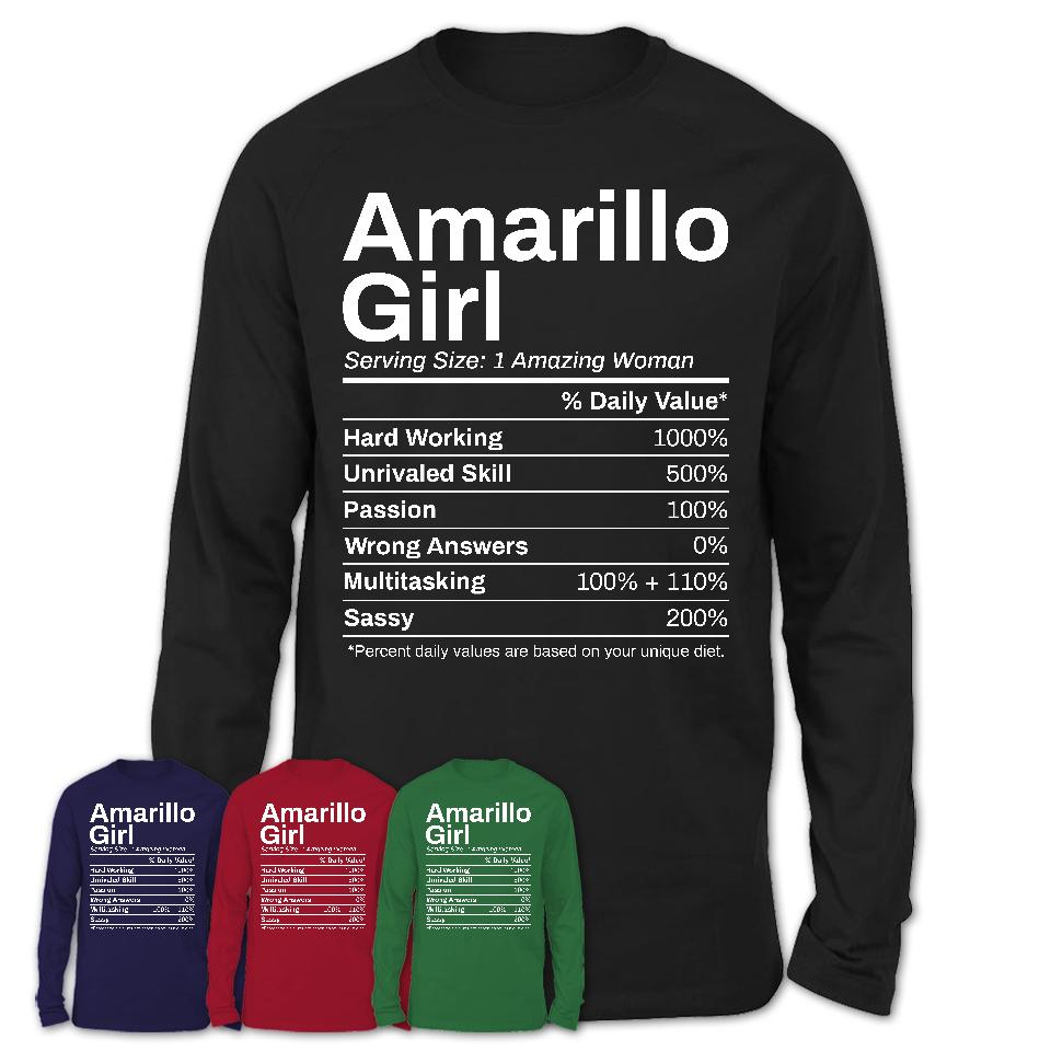 Amarillo Girl Texas Nutrition Facts Proud Vintage Sport Born Living City Home Roots USA Gift Women T-Shirt