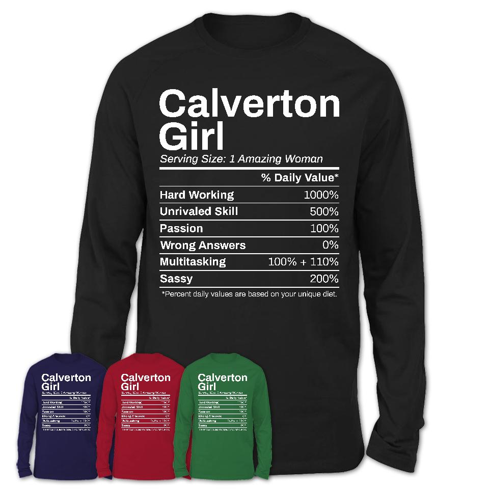 Calverton Girl Maryland Nutrition Facts Proud Vintage Sport Born Living City Home Roots USA Gift Women T-Shirt