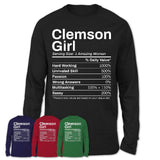 Clemson Girl South Carolina Nutrition Facts Proud Vintage Sport Born Living City Home Roots USA Gift Women T-Shirt