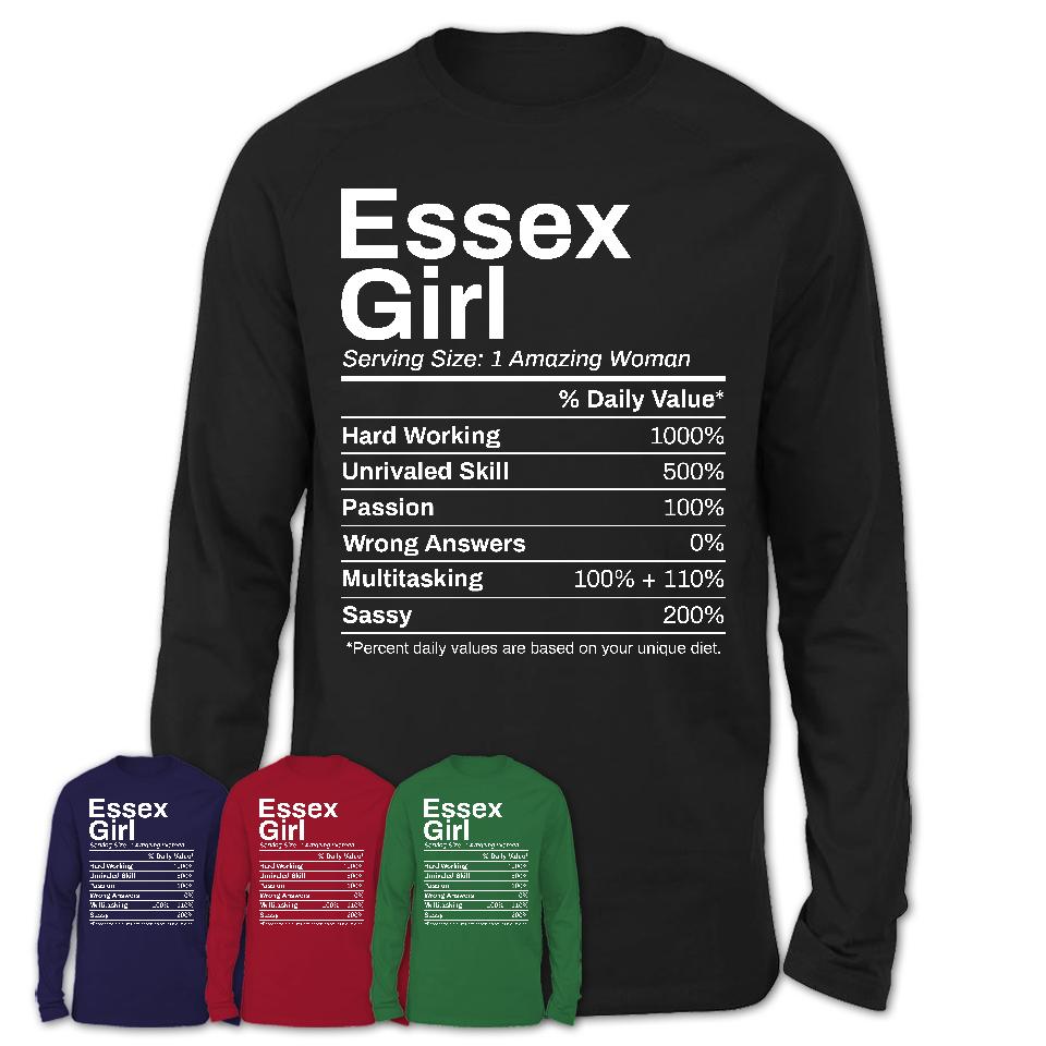 Essex Girl Maryland Nutrition Facts Proud Vintage Sport Born Living City Home Roots USA Gift Women T-Shirt