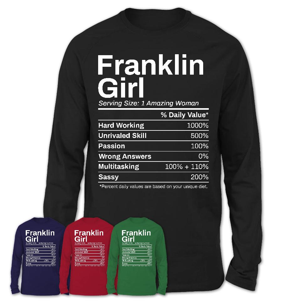 Franklin Girl Tennessee Nutrition Facts Proud Vintage Sport Born Living City Home Roots USA Gift Women T-Shirt
