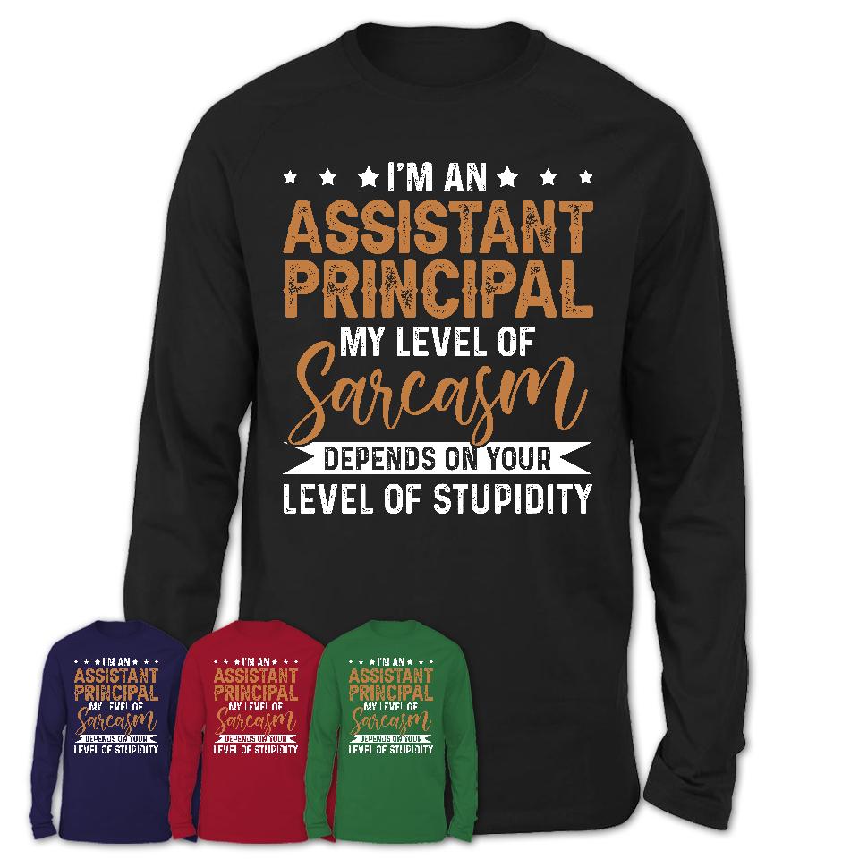 Funny Assistant Principal Shirt My Level of Sarcasm Depends on Your Level Of Stupidity T Shirt
