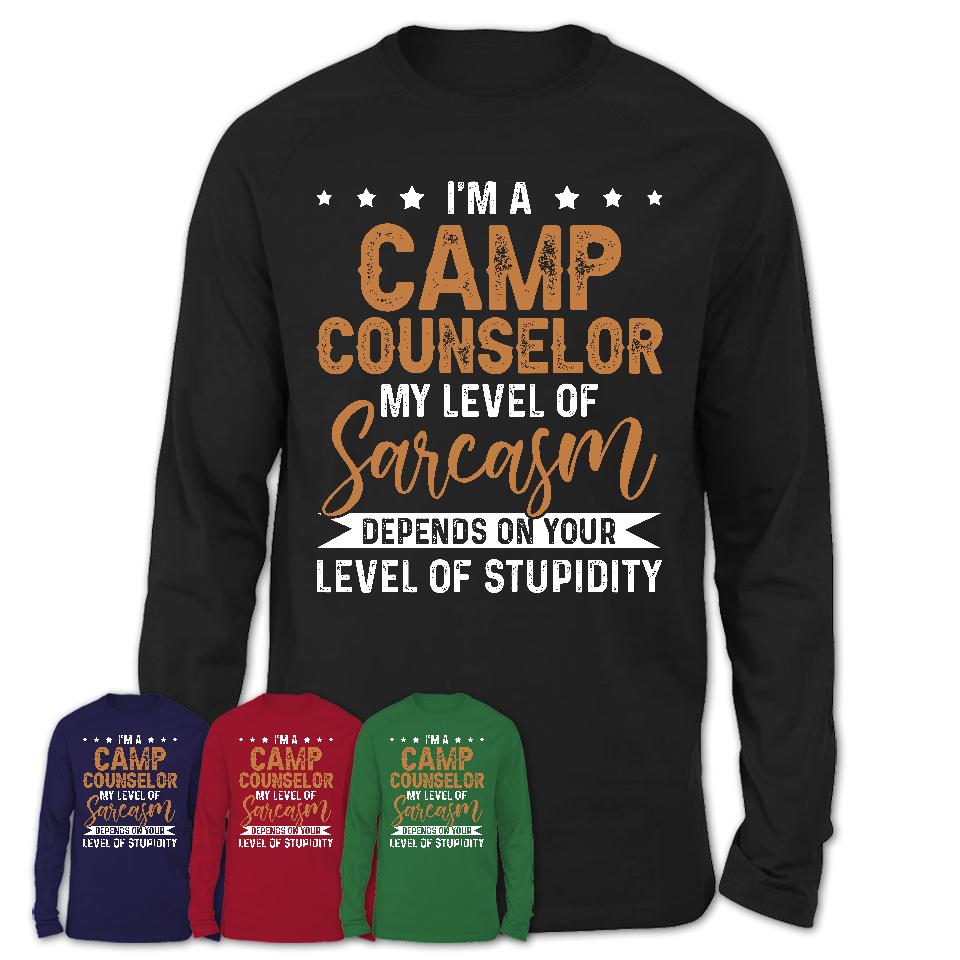 Funny Camp Counselor Shirt My Level of Sarcasm Depends on Your Level Of Stupidity T Shirt
