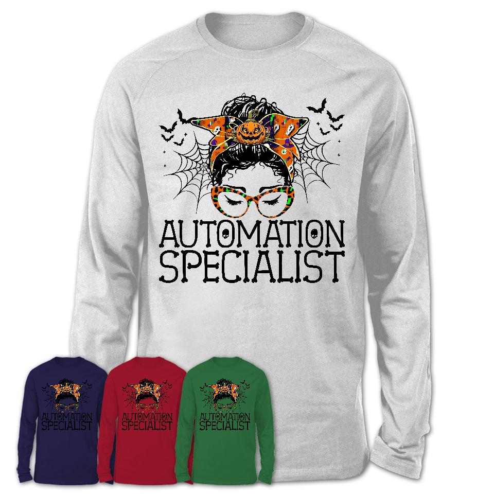 Halloween Automation Specialist Shirt, Messy Bun Girl Shirt, Funny Coworker Gift in Halloween, Scary Costume Team Shirt