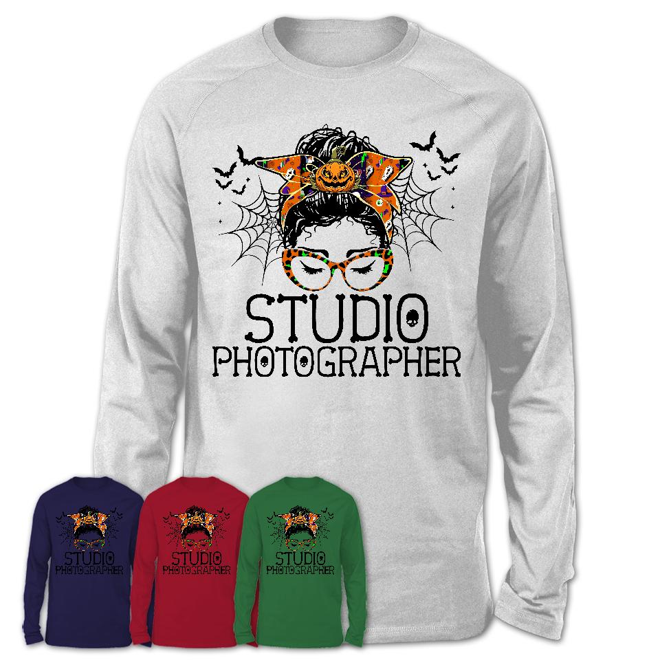 Halloween Studio Photographer Shirt, Messy Bun Girl Shirt, Funny Coworker Gift in Halloween, Scary Costume Team Shirt