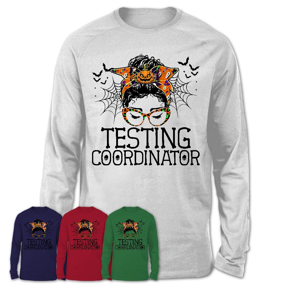 Halloween Testing Coordinator Shirt, Messy Bun Girl Shirt, Funny Coworker Gift in Halloween, Scary Costume Team Shirt