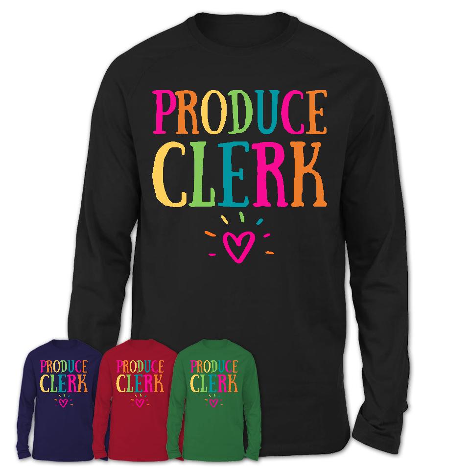 Produce Clerk Rainbow Lettering Heart Shirt, Employee Appreciation Gifts