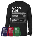 Reno Girl Nevada Nutrition Facts Proud Vintage Sport Born Living City Home Roots USA Gift Women T-Shirt