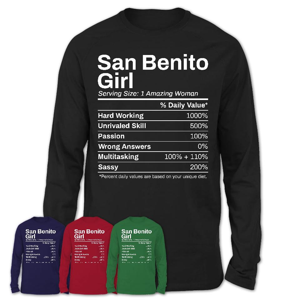 San Benito Girl Texas Nutrition Facts Proud Vintage Sport Born Living City Home Roots USA Gift Women T-Shirt