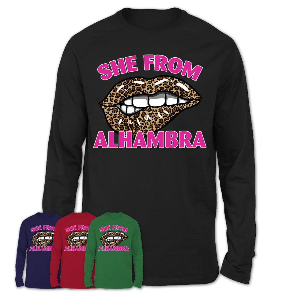 She From Alhambra California Gift Cheetah Leopard Sexy Lips Shirt