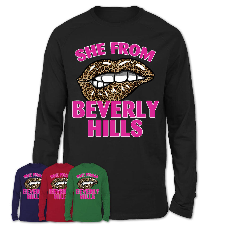 She From Beverly Hills California Gift Cheetah Leopard Sexy Lips Shirt