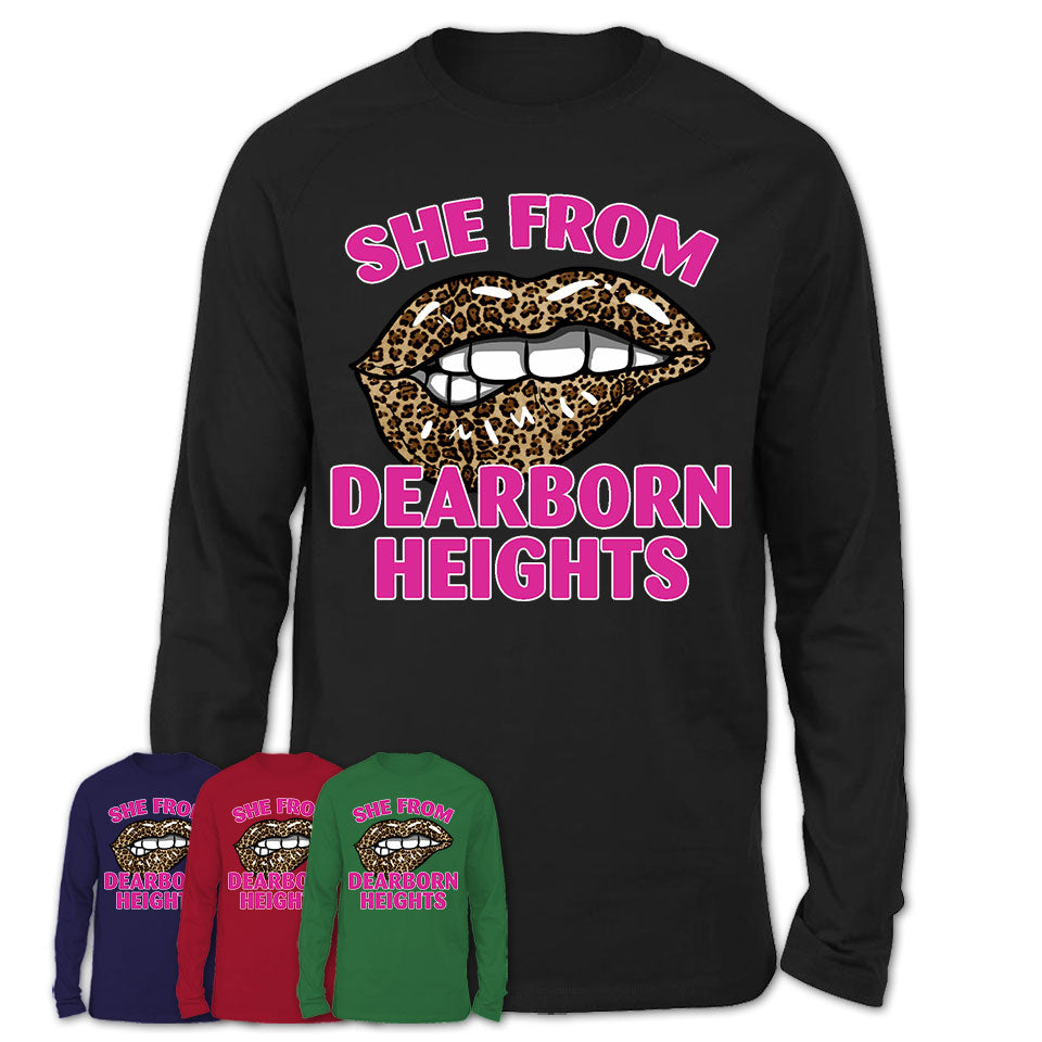 She From Dearborn Heights Michigan Gift Cheetah Leopard Sexy Lips Shirt