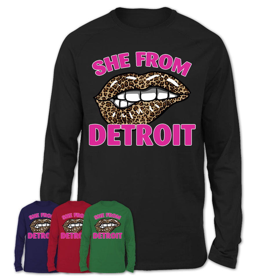 She From Detroit Michigan Gift Cheetah Leopard Sexy Lips Shirt
