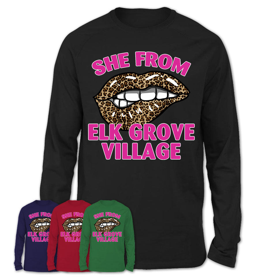 She From Elk Grove Village Illinois Gift Cheetah Leopard Sexy Lips Shirt