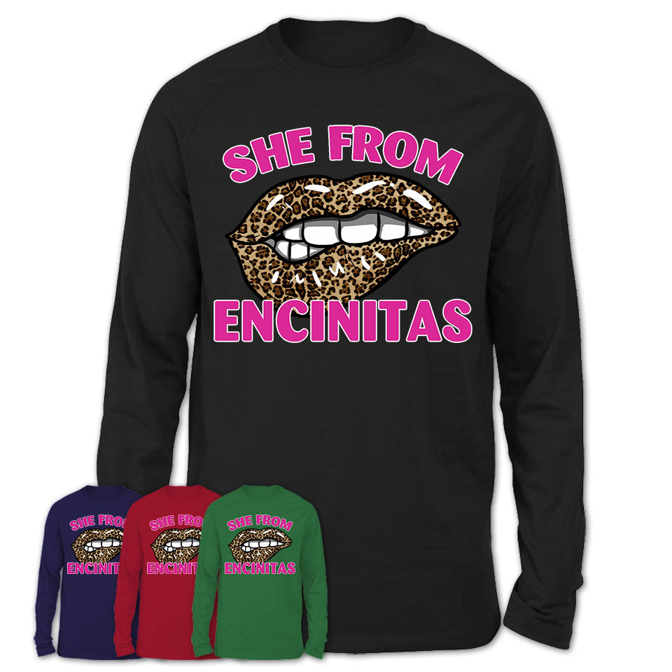 She From Encinitas California Gift Cheetah Leopard Sexy Lips Shirt