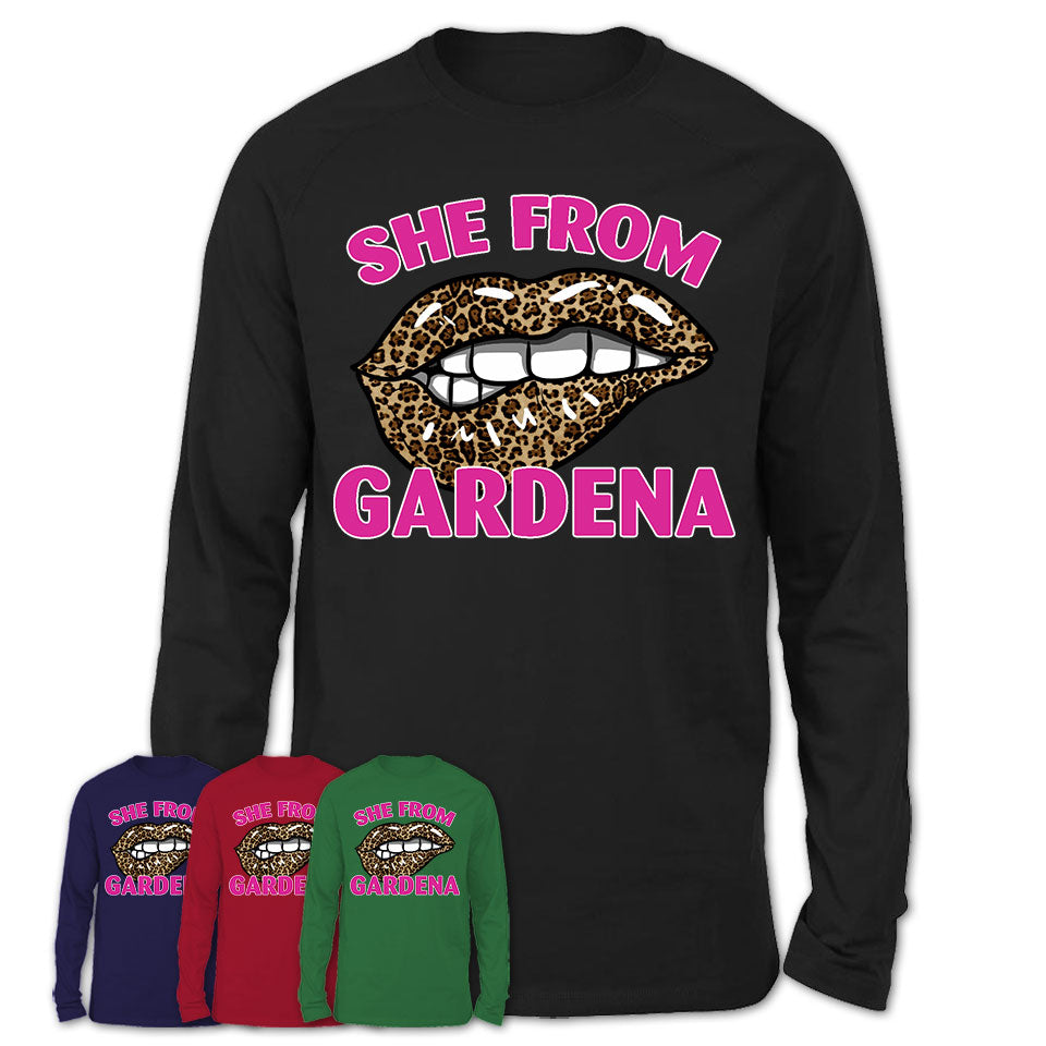 She From Gardena California Gift Cheetah Leopard Sexy Lips Shirt