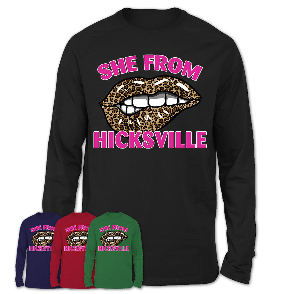 She From Hicksville New York Gift Cheetah Leopard Sexy Lips Shirt