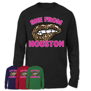 She From Houston Texas Gift Cheetah Leopard Sexy Lips Shirt