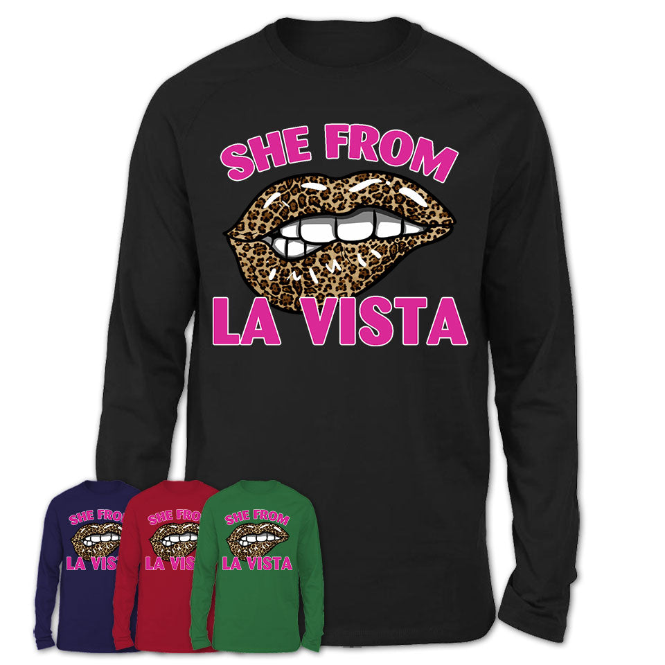 She From La Vista Nebraska Gift Cheetah Leopard Sexy Lips Shirt
