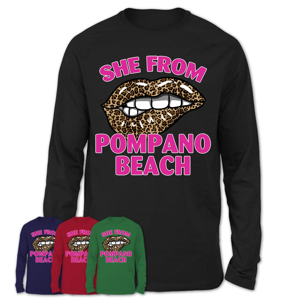 She From Pompano Beach Florida Gift Cheetah Leopard Sexy Lips Shirt