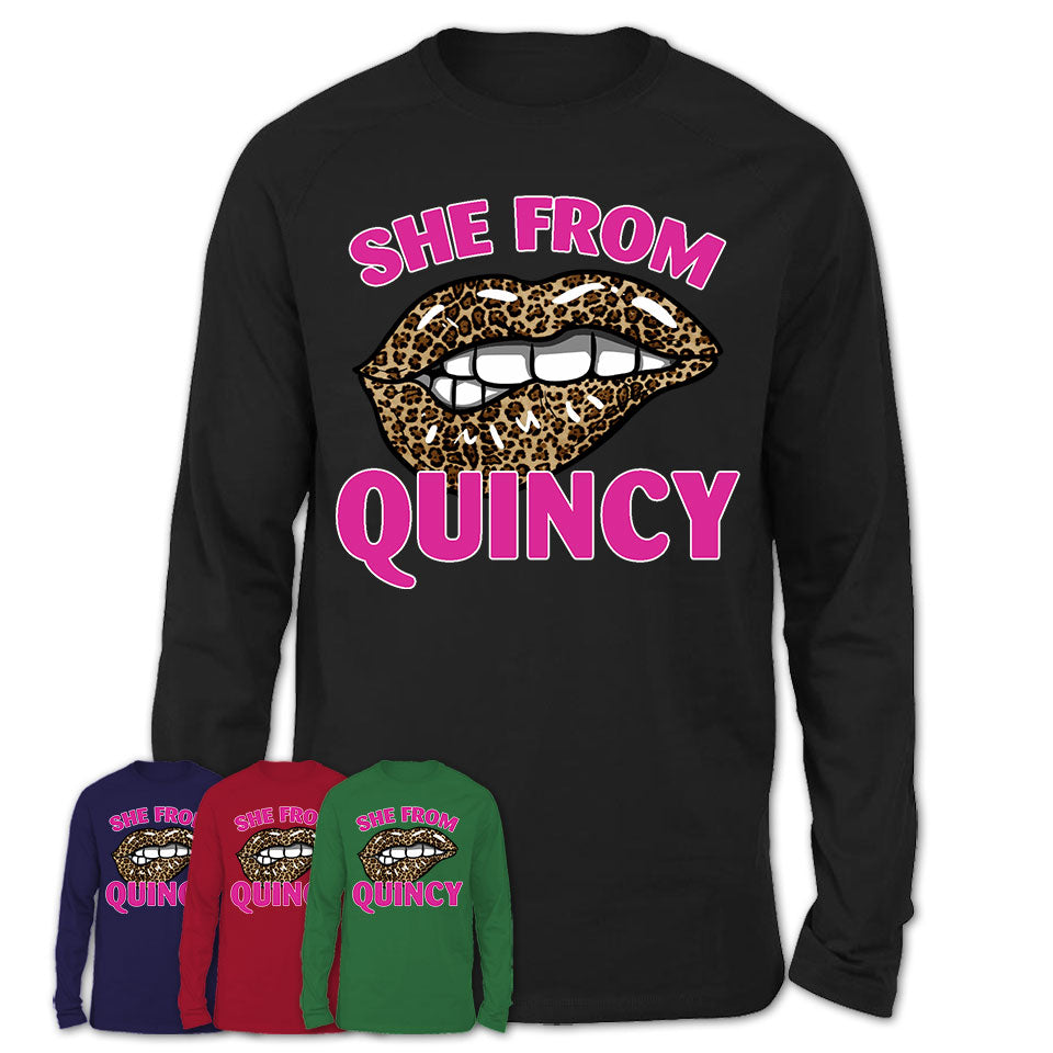 She From Quincy Massachusetts Gift Cheetah Leopard Sexy Lips Shirt