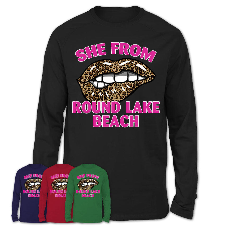 She From Round Lake Beach Illinois Gift Cheetah Leopard Sexy Lips Shirt
