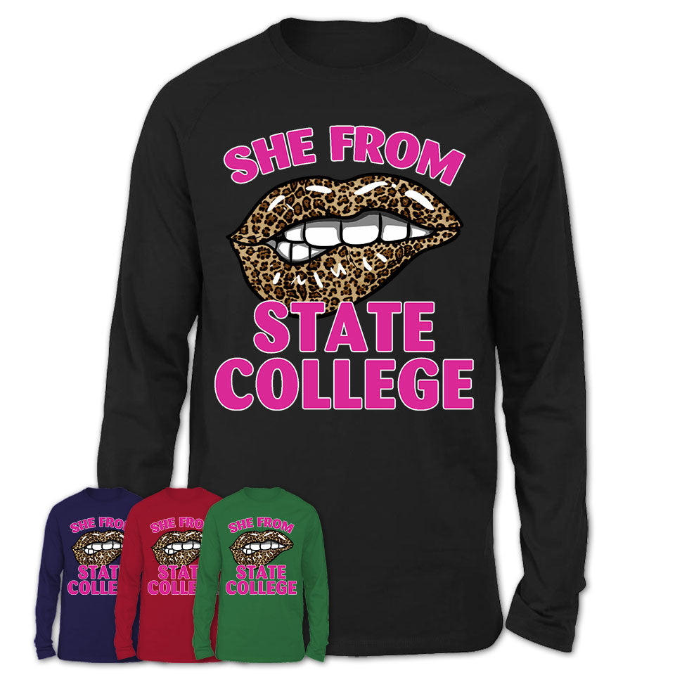 She From State College Pennsylvania Gift Cheetah Leopard Sexy Lips Shirt