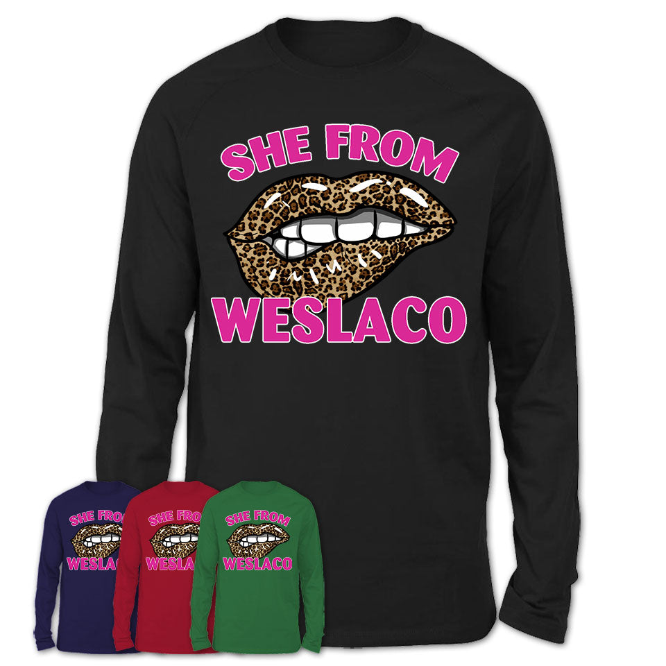 She From Weslaco Texas Gift Cheetah Leopard Sexy Lips Shirt