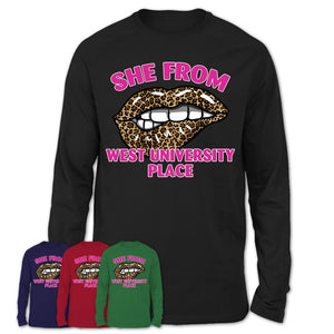 She From West University Place Texas Gift Cheetah Leopard Sexy Lips Shirt