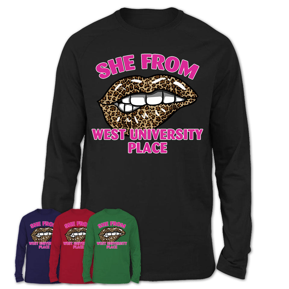 She From West University Place Texas Gift Cheetah Leopard Sexy Lips Shirt