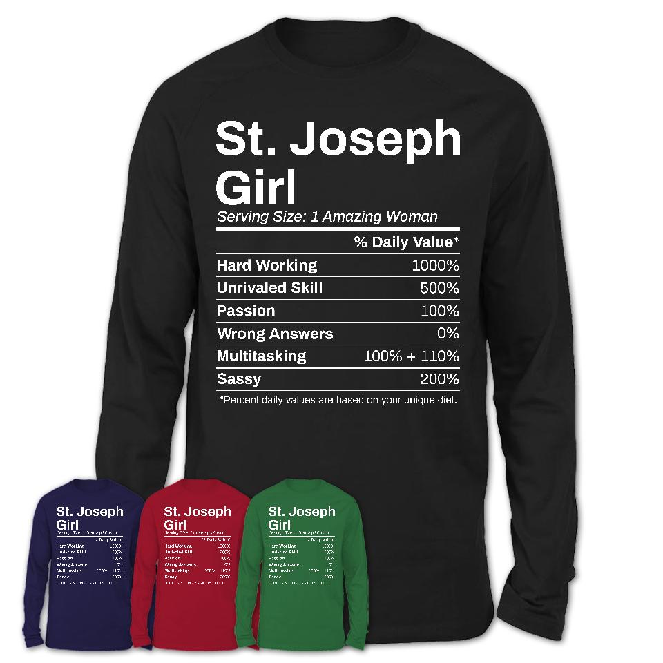 St. Joseph Girl Missouri Nutrition Facts Proud Vintage Sport Born Living City Home Roots USA Gift Women T-Shirt