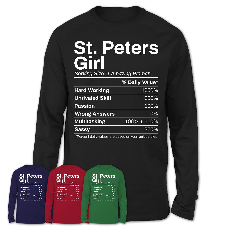 St. Peters Girl Missouri Nutrition Facts Proud Vintage Sport Born Living City Home Roots USA Gift Women T-Shirt
