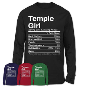 Temple Girl Texas Nutrition Facts Proud Vintage Sport Born Living City Home Roots USA Gift Women T-Shirt