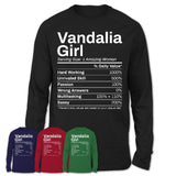 Vandalia Girl Ohio Nutrition Facts Proud Vintage Sport Born Living City Home Roots USA Gift Women T-Shirt