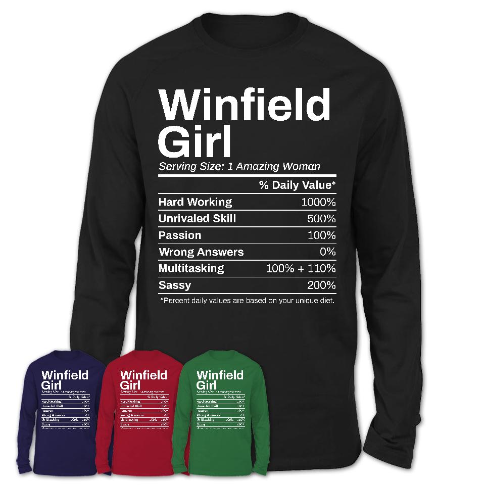 Winfield Girl Kansas Nutrition Facts Proud Vintage Sport Born Living City Home Roots USA Gift Women T-Shirt