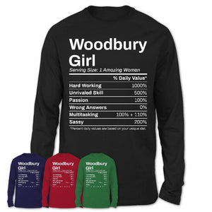Woodbury Girl Minnesota Nutrition Facts Proud Vintage Sport Born Living City Home Roots USA Gift Women T-Shirt