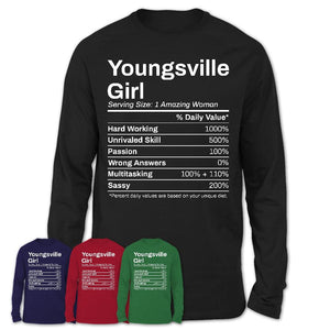Youngsville Girl Louisiana Nutrition Facts Proud Vintage Sport Born Living City Home Roots USA Gift Women T-Shirt