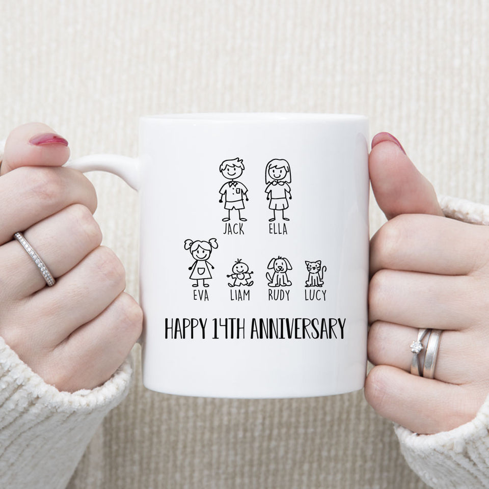 Personalization Anniversary Mug, Custom Family Members Mug, 14th Anniversary Gift for Couple, 14 years Anniversary Mug