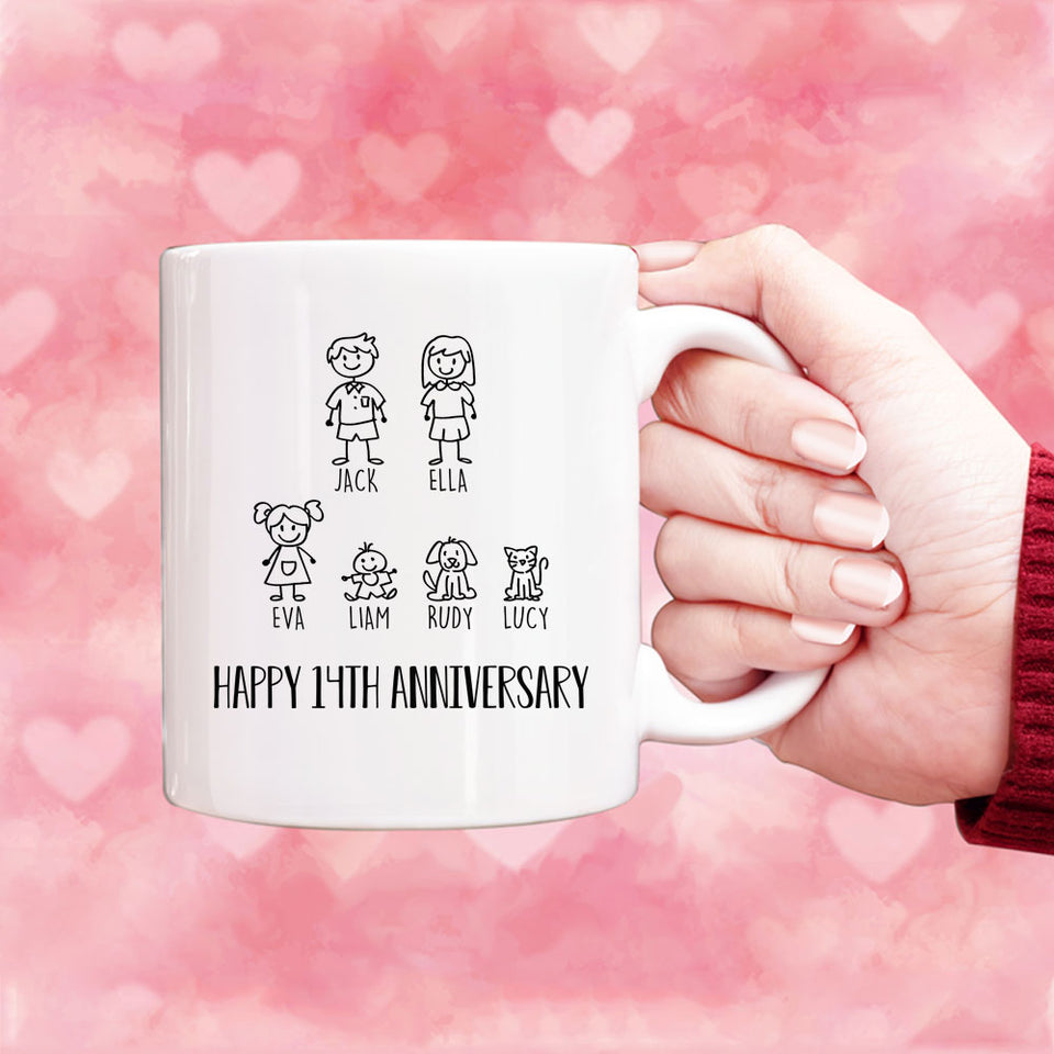 Personalization Anniversary Mug, Custom Family Members Mug, 14th Anniversary Gift for Couple, 14 years Anniversary Mug